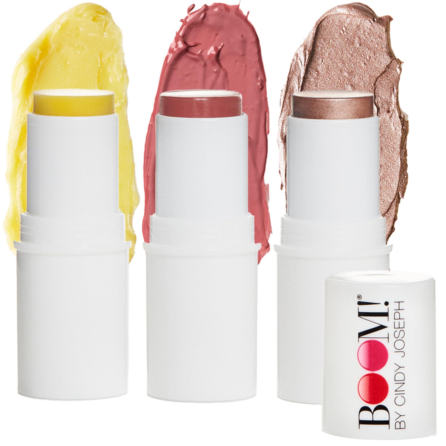 Boomstick Trio ® Color 3 Pack Cream Blush Makeup, Color Blush Stick, Highlighter Stick & Moisturizer for Cheeks, Eyes & Lips, Blendable Vegan Boom Sticks by Cindy Joseph for Older Women, BOOM Beauty