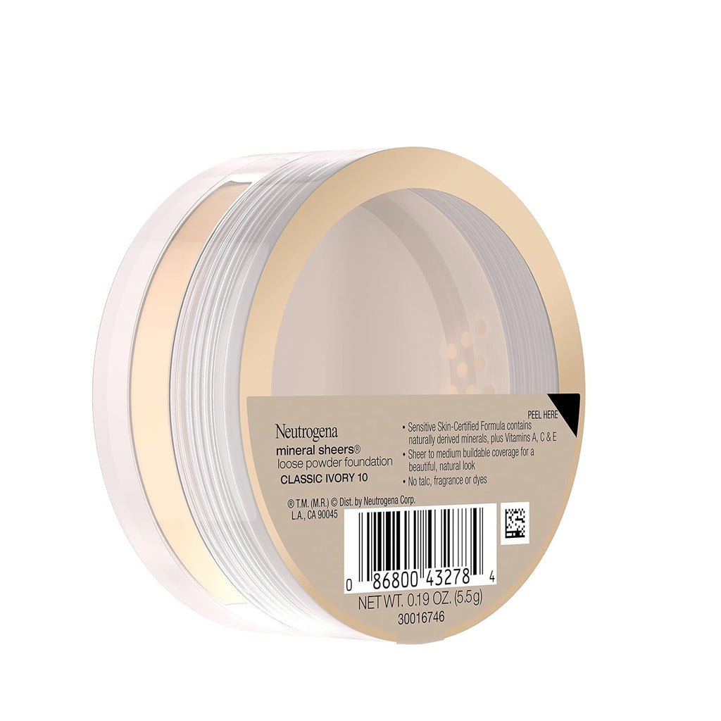 Neutrogena Mineral Sheers Loose Powder Makeup Foundation, Lightweight Face Makeup, Sheer to Medium Buildable Coverage, Sensitive Skin Foundation with Vitamins A, C, & E, Classical Ivory 10, .19 oz